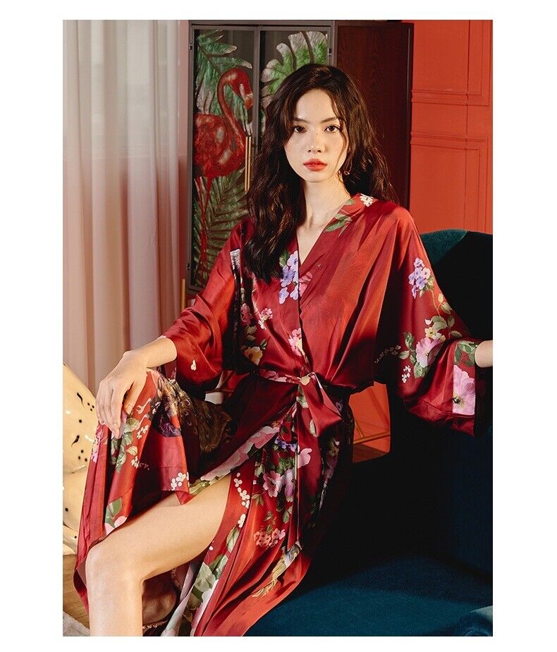 Satin Chinese Japanese Luxurious Red Peacock Prints Trim Kimono Dressing Gown