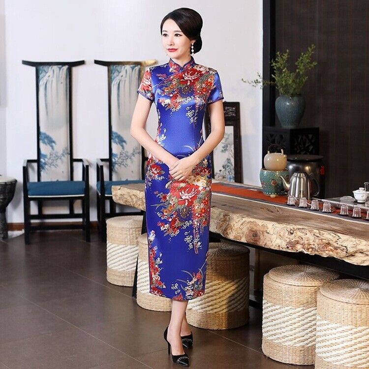 New Luxurious Blue Satin Floral Chinese Long Dress Cheongsam Qipao lcdress196.