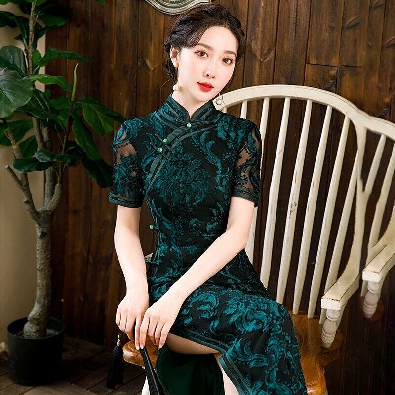 Luxurious Chinese Emerald Green Lace Long Dress Cheongsam Qipao