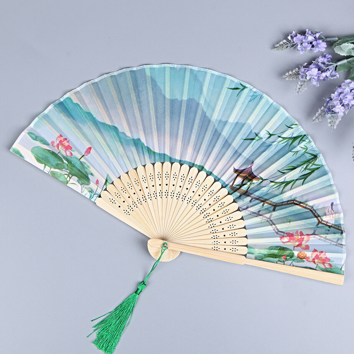 Chinese Mountain Scenery Willow Lotus & Beauty Green Wooden Hand Fan ccfan217