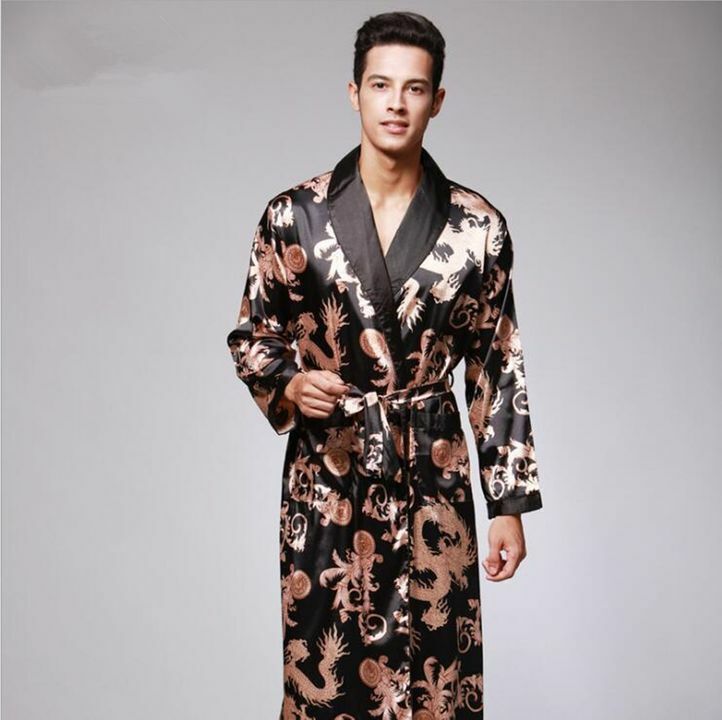 Mens Chinese Japanese Oriental Gold Dragons Black Bathrobe Dressing Gown mrobe5