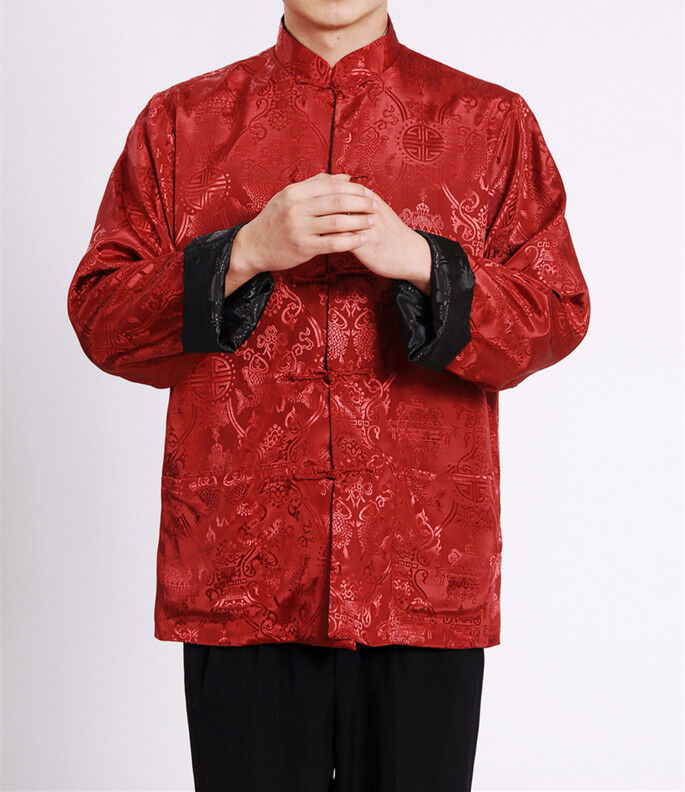 Double Sided Chinese Oriental Mens Kung Fu Satin Dragon Top Long Shirt cmssh