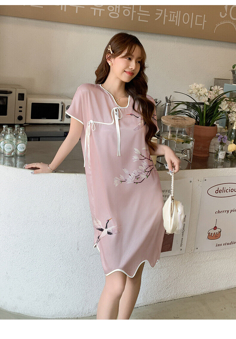 Ladies Light Pink Crane Magnolia Print Chinese Knee Length Nightdress Nightie