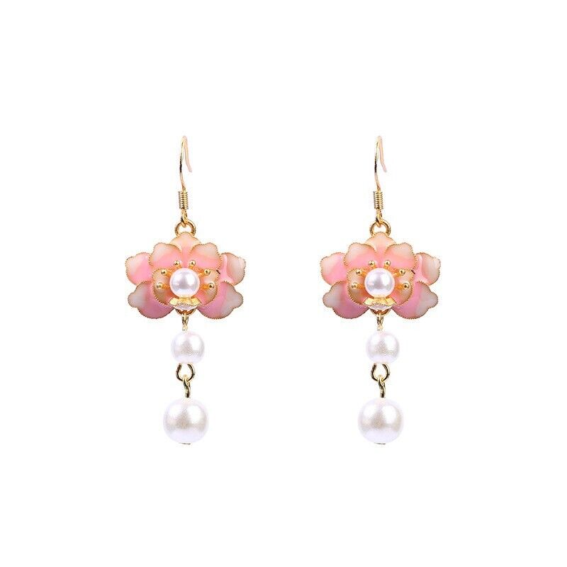 New Chinese Blooming Cherry Blossom Pearl Drop Hook Earrings with Gold Accents