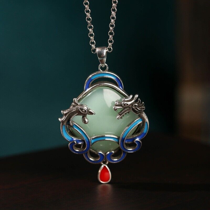 Chinese Retro Silver Plated Dragon & Phoenix Enamel Jade Peace Pendant Necklace