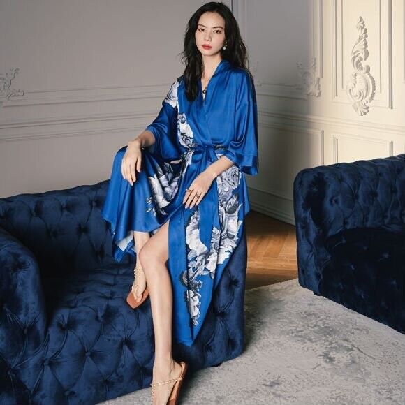 Satin Chinese Japanese Royal Blue Floral Prints Trim Kimono Dressing Gown