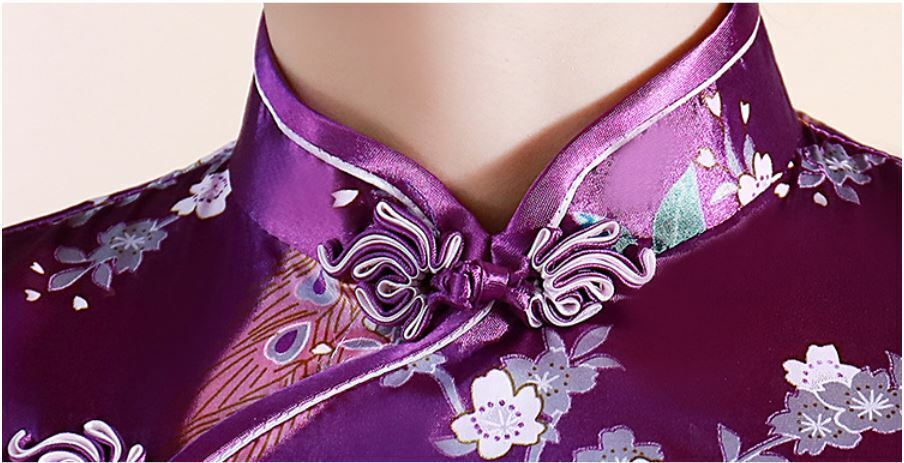 New Luxurious Purple Satin Phoenix Chinese Short Dress Cheongsam Qipao lcdress78