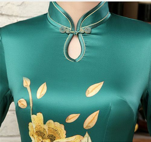 New Luxurious Golden Flowers Green Chinese Long Dress Cheongsam Qipao lcdress23