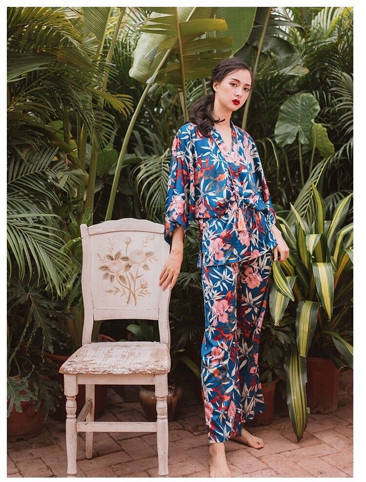 New Ladies Royal Blue Summer Flowers Kimono Top and Trousers Pyjamas ladpj277