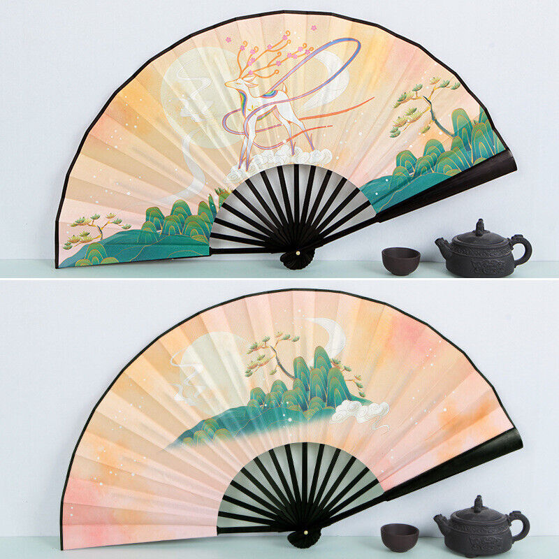 New Chinese Japanese Heaven White Stag Riding Clouds Wooden Hand Fan ccfan209