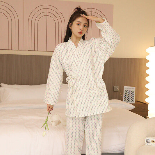 New Ladies White Chinese Japanese Asian Kimono Style Floral Long Pyjamas