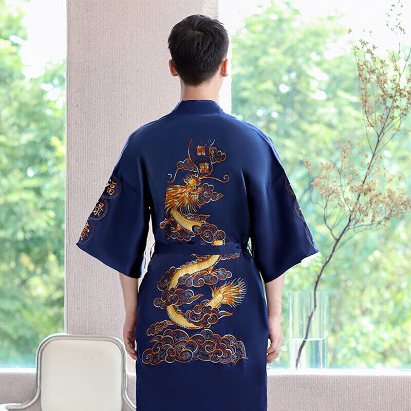 New Mens Royal Blue Satin Chinese Dragons Bathrobe Gown