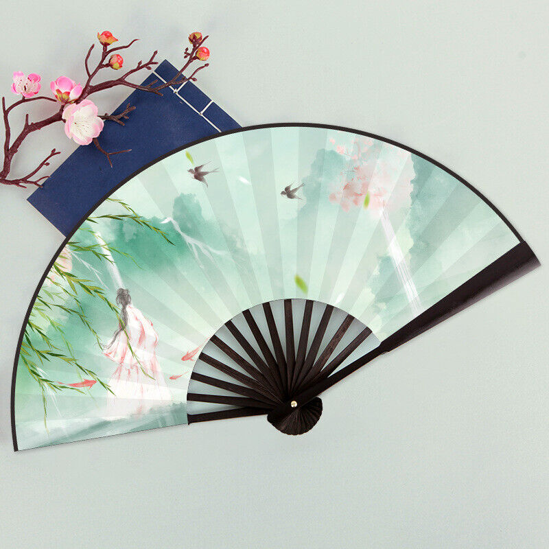 New Chinese Beauty In Pink Dress with Green Scenery Wooden Hand Fan ccfan210