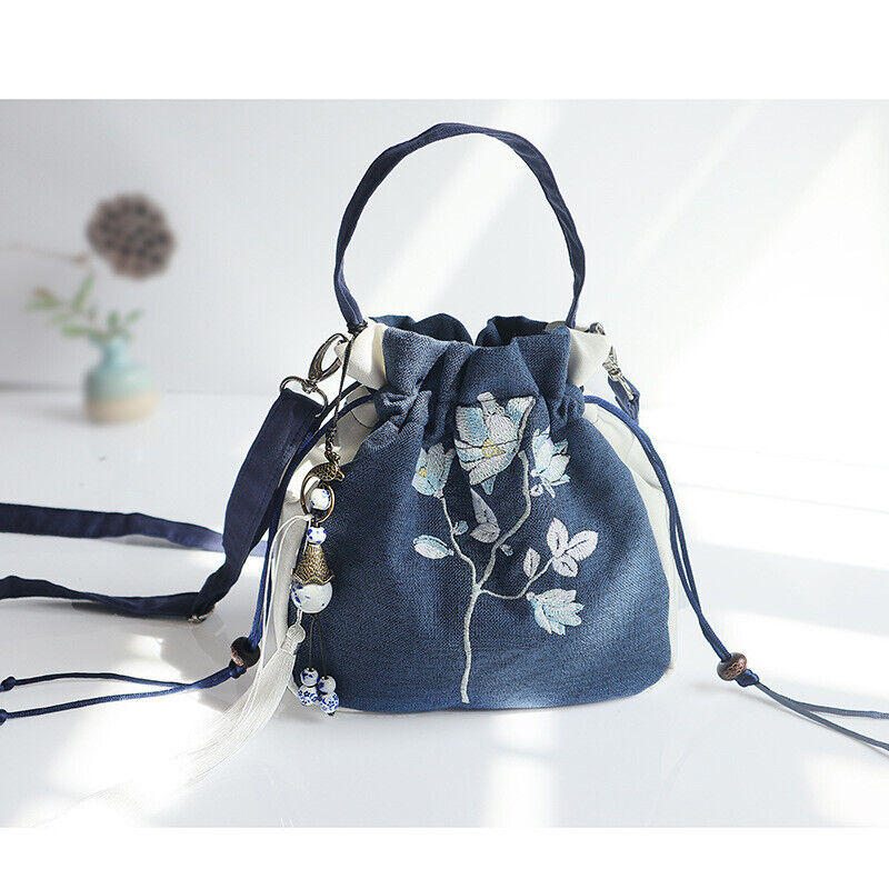 New Ladies Chinese Canvas Pouch Style Embroidered Handbag with Shoulder Strap