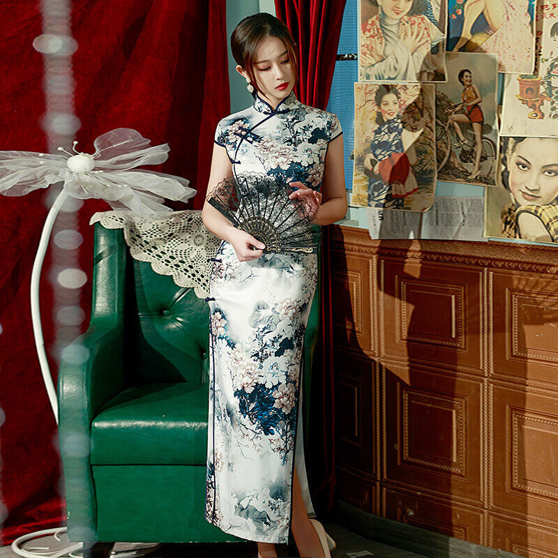 Ladies Pearl White Peony Floral Prints Long Chinese Style Qipao Cheongsam Dress