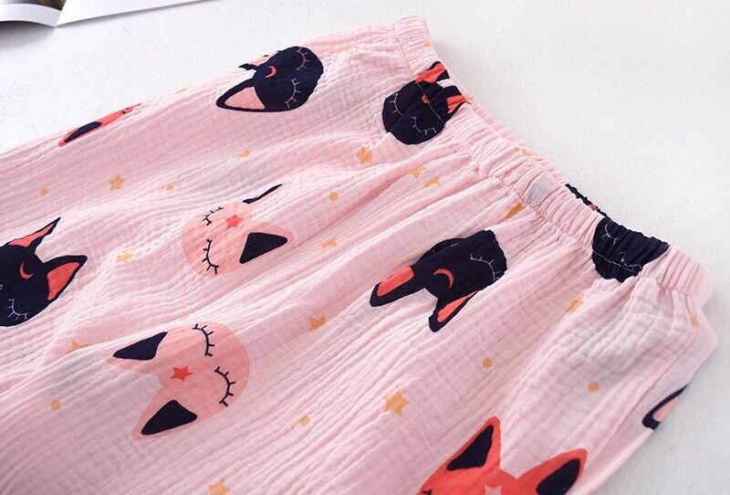 Chinese Japanese Cute Cats and Stars Pink Long Ladies Kimono Pyjamas ladpj313