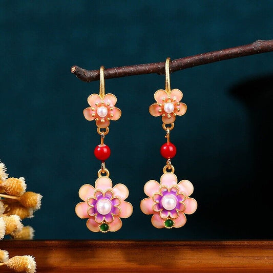 New Chinese Opulent Blossom Cloisonné Earrings with Jade and Coral Accents