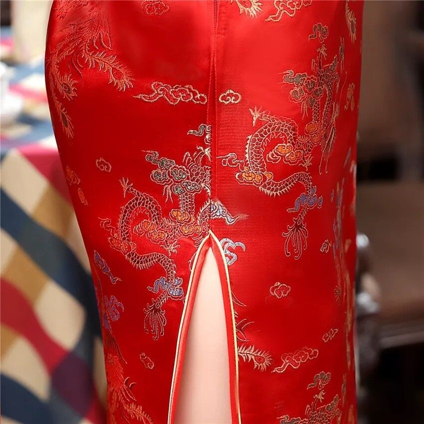 Luxurious Red Satin Dragon Phoenix Chinese Long Dress Cheongsam Qipao lcdress54