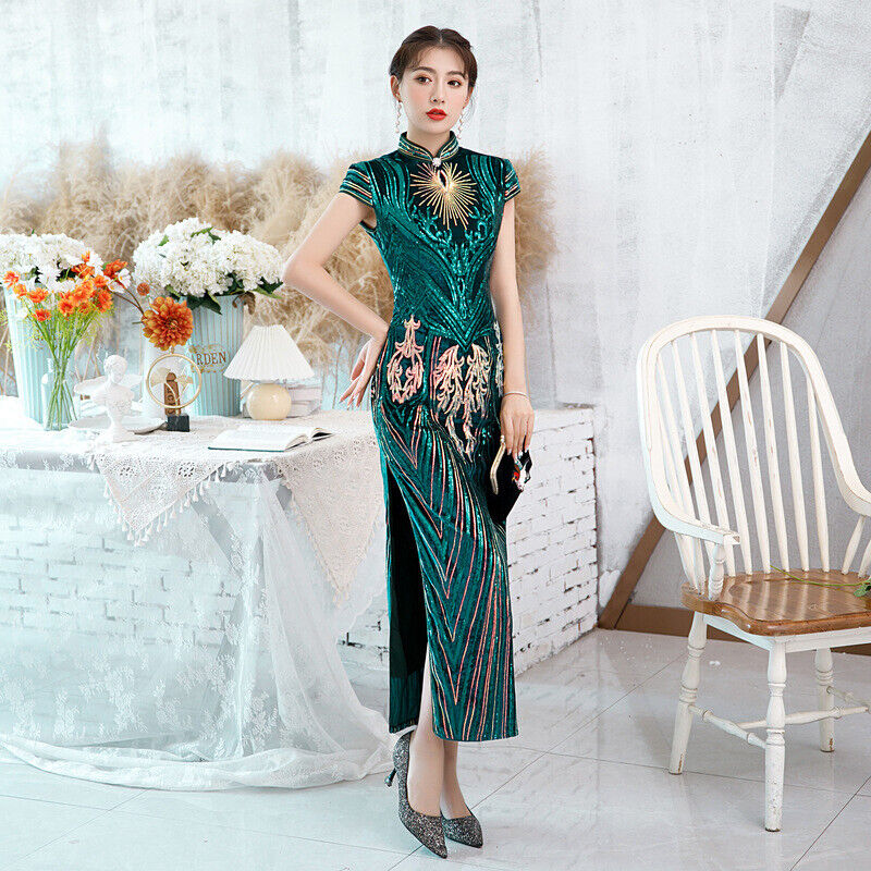 Luxurious Chinese Emerald Green and Gold Sequin Long Dress Cheongsam Qipao