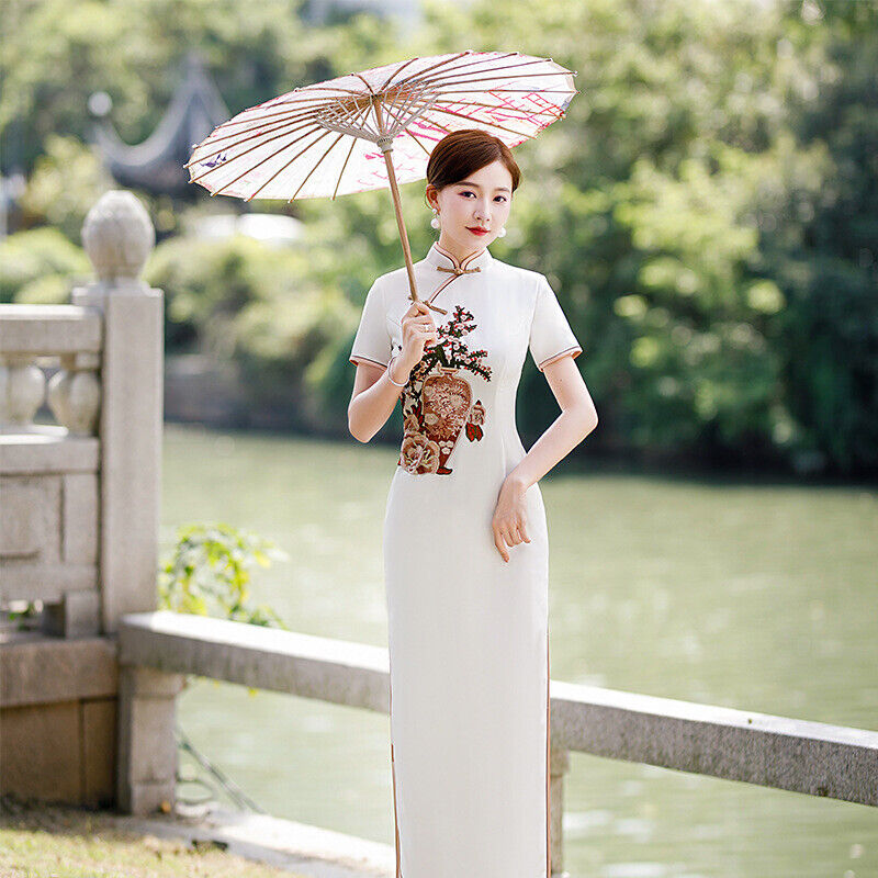 Luxurious Satin Chinese Pearl White Embroidered Long Dress Cheongsam Qipao