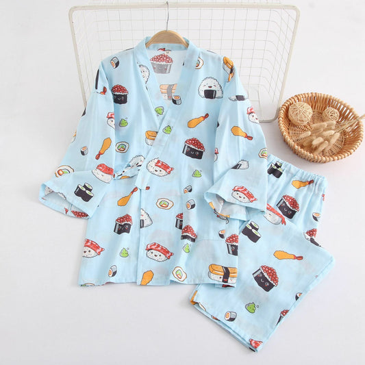 New Chinese Japanese Love Sushi Blue Cotton Long Ladies Kimono Pyjamas ladpj332