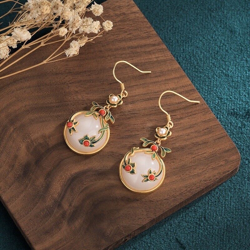 New Ladies White Jade Floral And Southern Red Agate Gold-plated Pearl Earrings