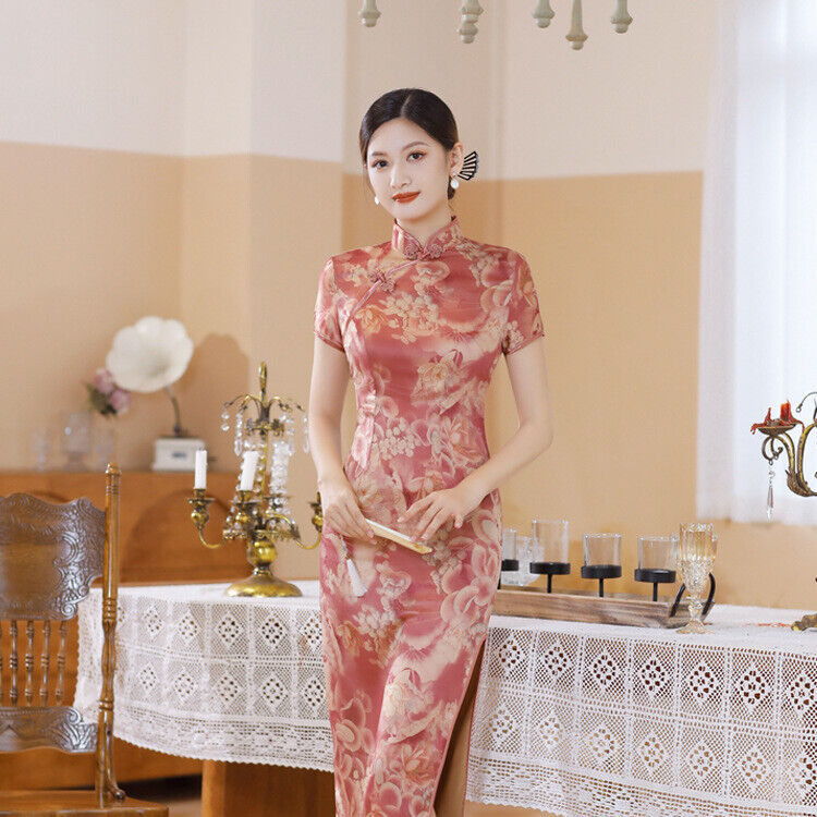 New Chinese Peach Pink Golden Floral Prints Satin Long Cheongsam Qipao Dress