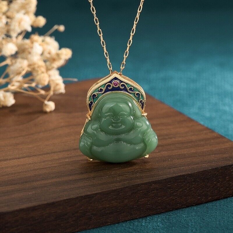 New Chinese Jade Laughing Buddha Enamel Halo Gold Plated Chain Buddhism Necklace