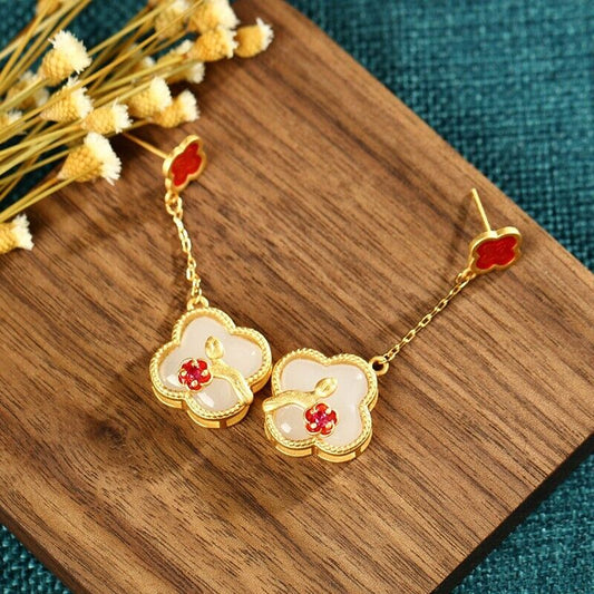 Gold Plated Chinese Royal Palace Hetian Jade Cloisonne Four Leaf Clover Earrings