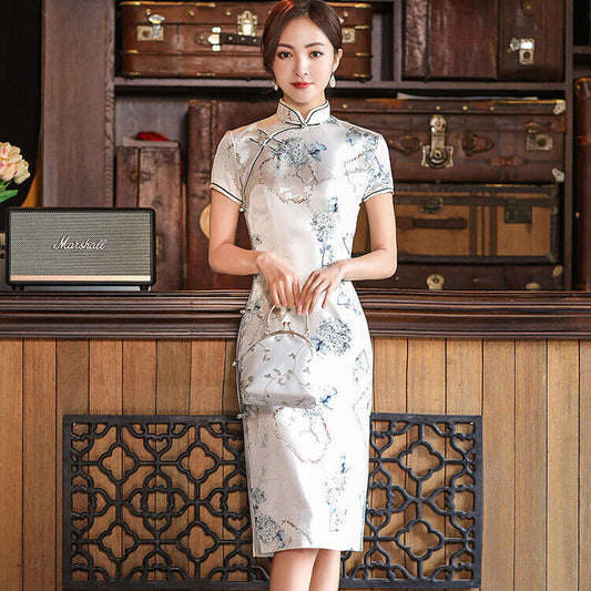 New Chinese White Blue Blossom Floral Prints Satin Short Cheongsam Qipao Dress