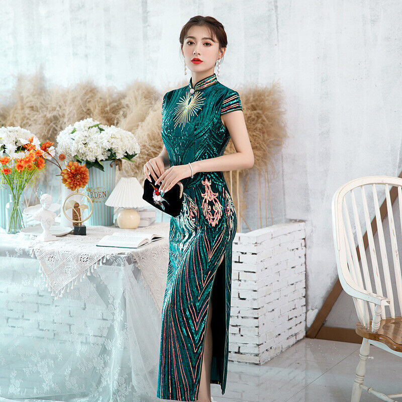 Luxurious Chinese Emerald Green and Gold Sequin Long Dress Cheongsam Qipao