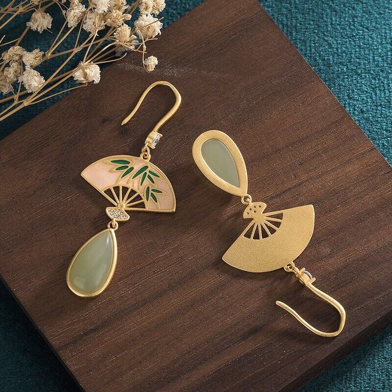 Chinese Style Gold-plated Cloisonne Palace Fan Earrings with Vintage Hetian Jade