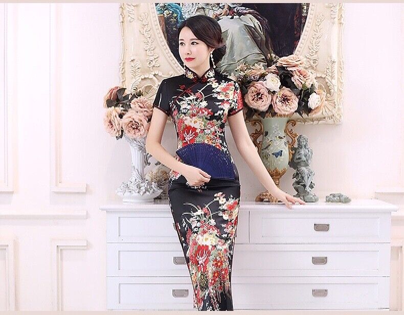 New Luxurious Black Satin Floral Chinese Long Dress Cheongsam Qipao lcdress195