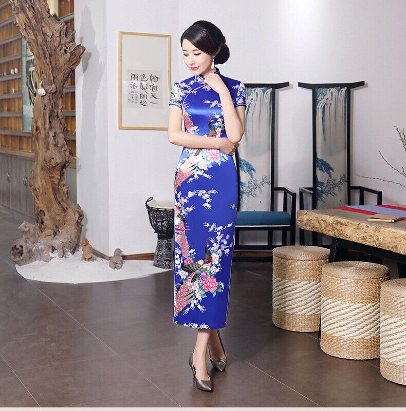 New Luxurious Blue Satin Phoenix Chinese Long Dress Cheongsam Qipao lcdress61