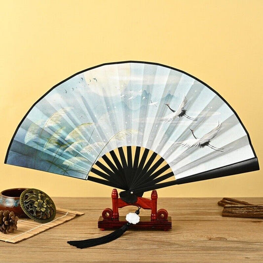 New Chinese Japanese Double Sided Heaven Cranes Cloth Wooden Hand Fan ccfan201