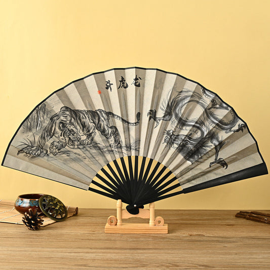 New Chinese Japanese Double Sided Tiger & Dragon Cloth Bamboo Hand Fan ccfan204