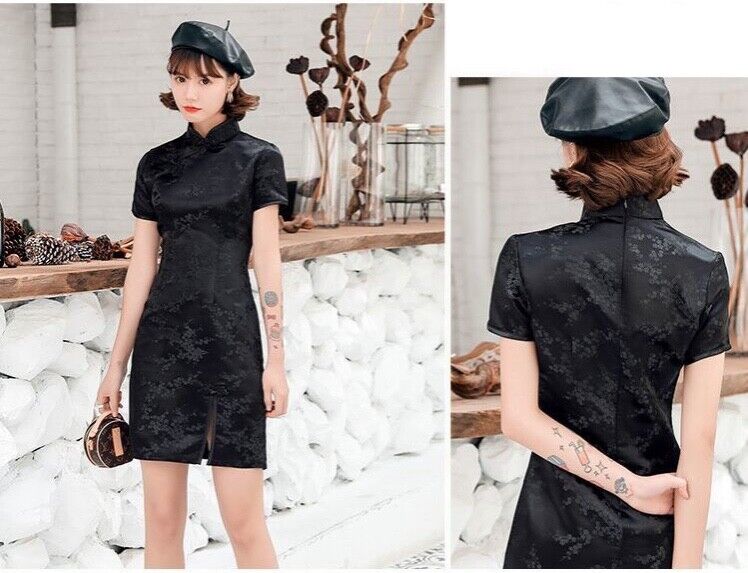 New Luxurious Satin Chinese Black Floral Short Dress Cheongsam Qipao lcdress172