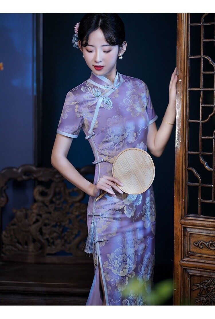 Acetate Satin Violet Jacquard Chinese Style Qipao Elegant Flying Flower Buckle