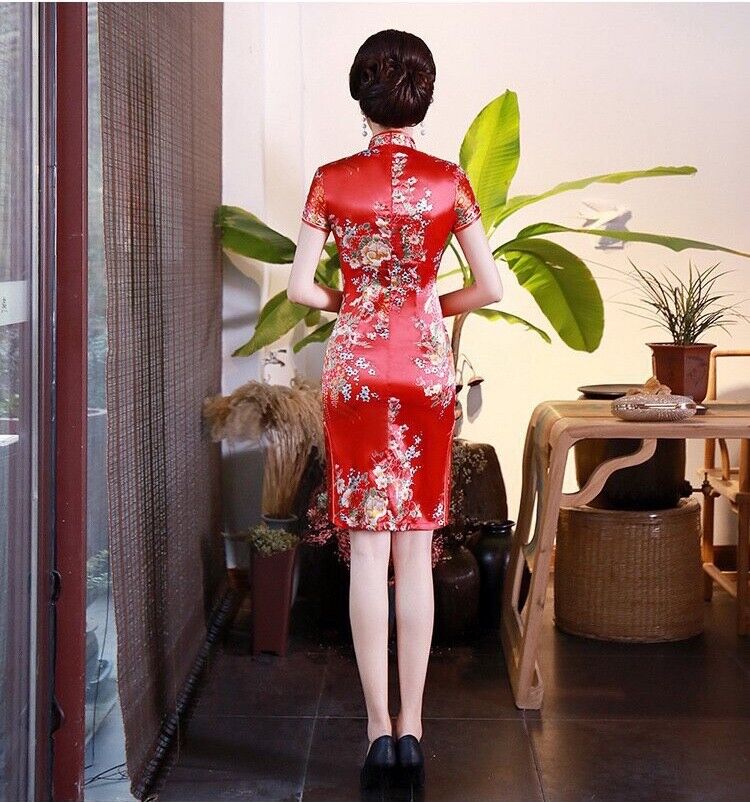 New China Red Satin Floral Prints Chinese Asian Short Cheongsam Qipao Dress