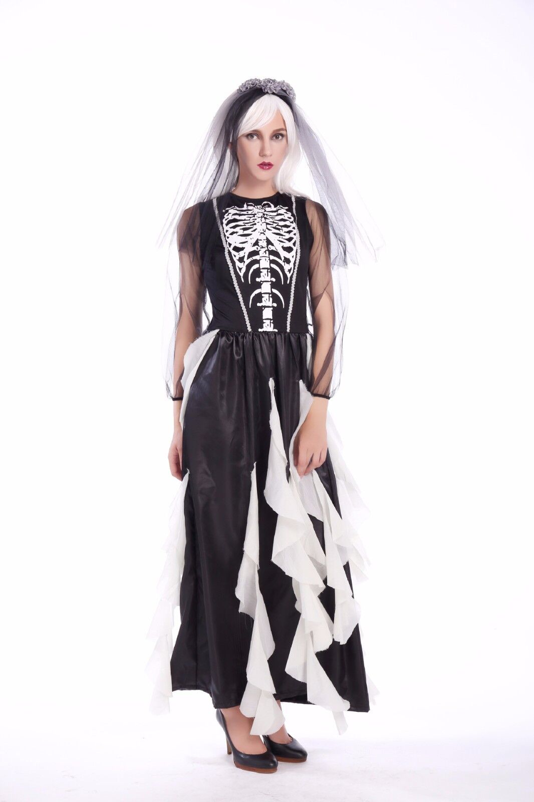 Ladies Ghost Bride Black Wedding Halloween Costume Fancy Dress Party ladcos42