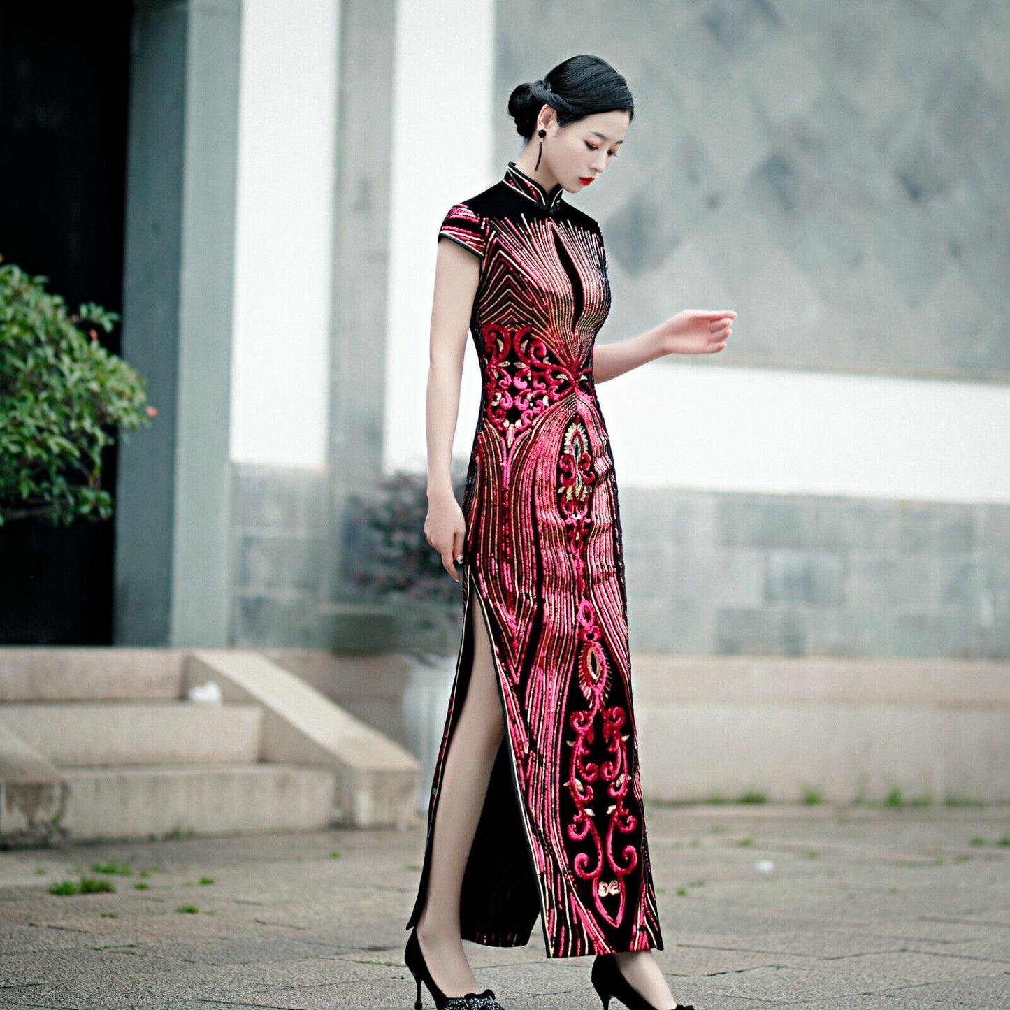 Luxurious Chinese Red & Gold Sequin Long Dress Cheongsam Qipao