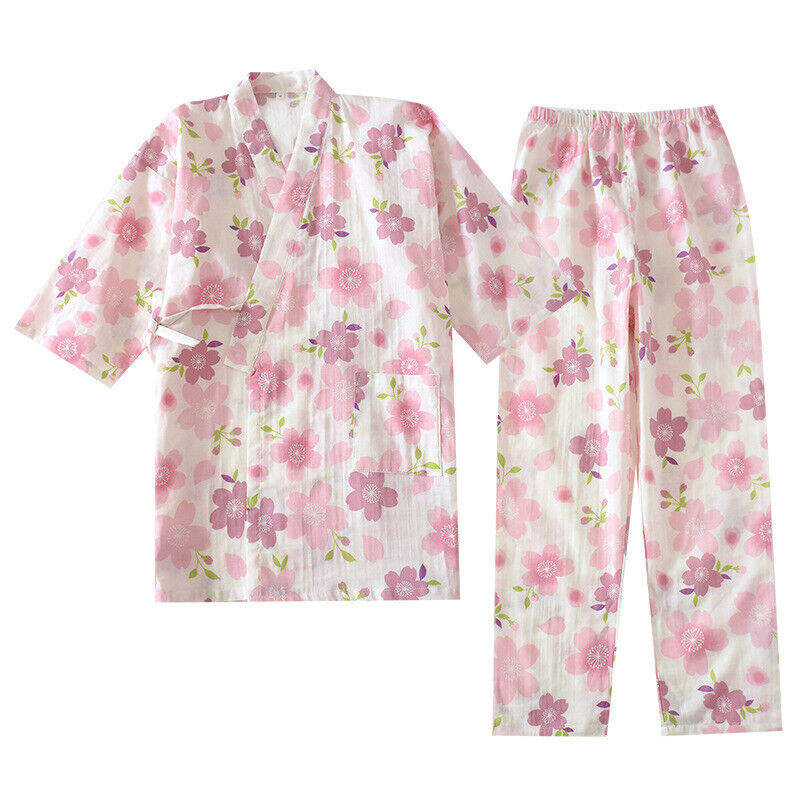 Chinese Japanese Purple Cherry Blossom White Long Ladies Kimono Pyjamas ladpj395