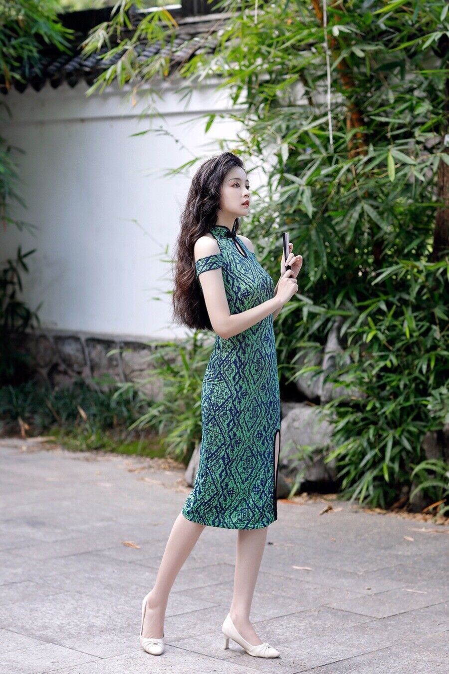 Ladies Chinese Elegant Green and Blue Contrast Short Dress Cheongsam Qipao