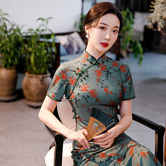 New Luxurious Chinese Spring Green With Red Flowers Long Cheongsam Qipao Dress