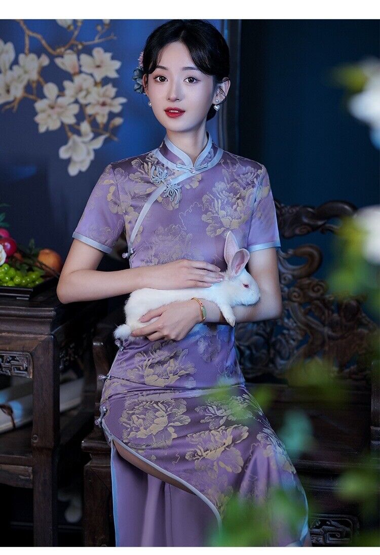 Acetate Satin Violet Jacquard Chinese Style Qipao Elegant Flying Flower Buckle