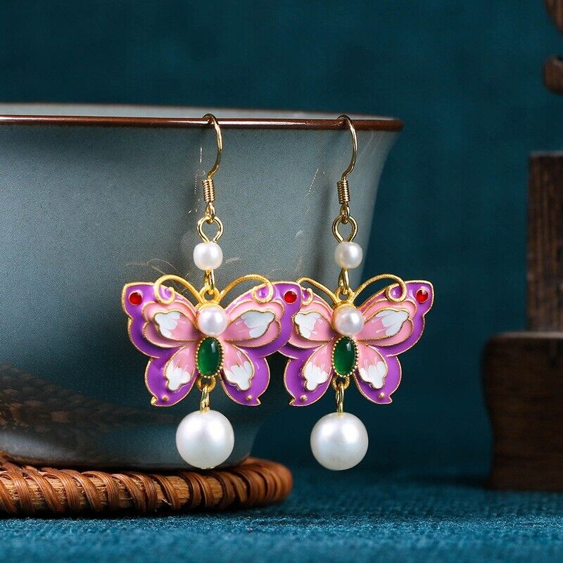 New Chinese Enchanted Garden Cloisonné Butterfly Earrings with Pearls and Jade