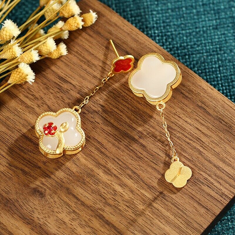 Gold Plated Chinese Royal Palace Hetian Jade Cloisonne Four Leaf Clover Earrings