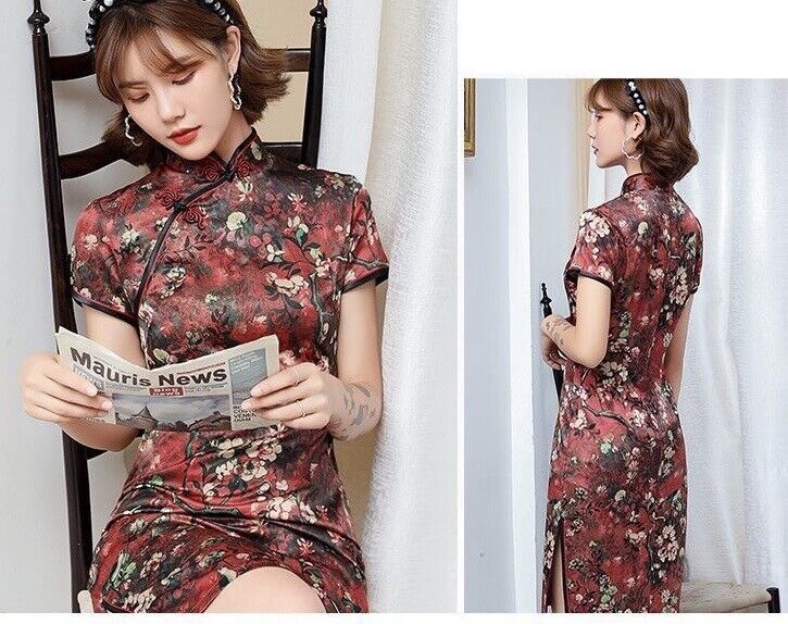 New Chinese Black and Red Cherry Blossom Short Dress Cheongsam Qipao lcdress141