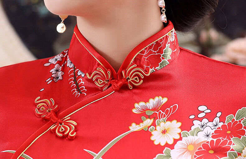 New Luxurious Red Satin Phoenix Chinese Long Dress Cheongsam Qipao lcdress50