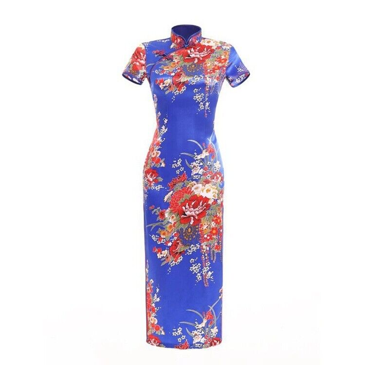 New Luxurious Blue Satin Floral Chinese Long Dress Cheongsam Qipao lcdress196.